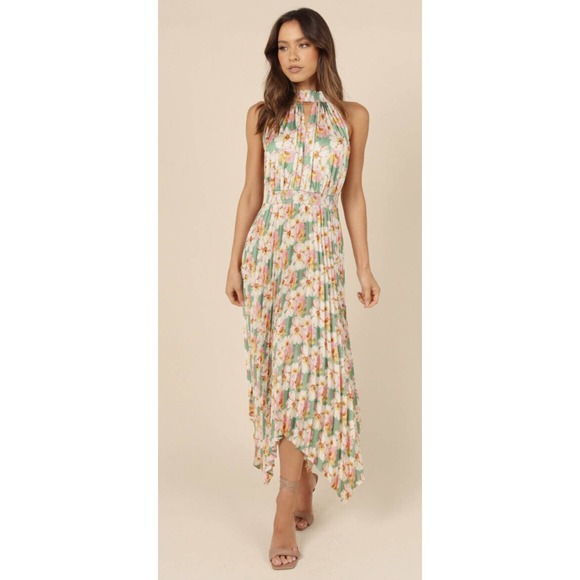 Petal and Pup Dresses Petal And Pup 2 Dominique Sage Floral Pleated Halter Midi Dress Summer